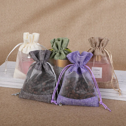 Small Recyclable & Biodegradable Jute Burlap Drawstring Pouch Bag with Window for Promotions & Gifts