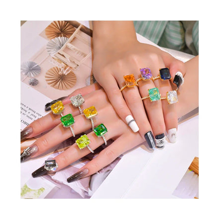 Super High Quality 8A Radiant Cut 12*10mm Iced Cut Cubic Zirconia 925 Sterling Silver Rings 25 Colors Available