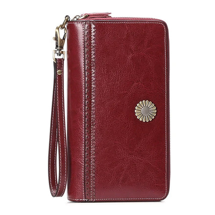 Hot Sale Fashion Scrub Textured Leather Long Sunflower Metal Button Embroidery Large Capacity Anti-theft Zipper Unisex Wallet