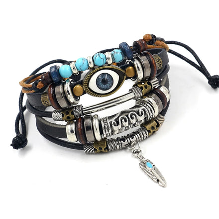 Ethnic Style Adjustable Vintage Eye Feather Pendant Multi-layer Leather Braid Bracelet