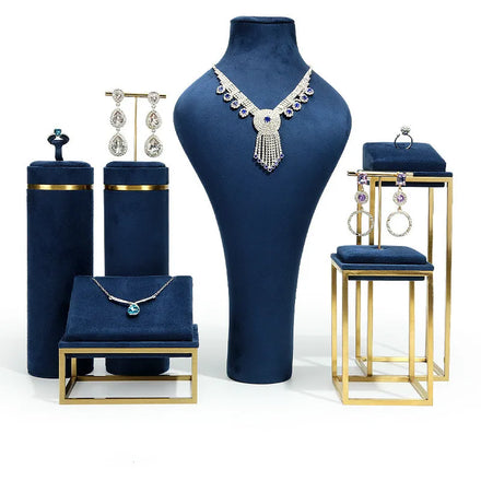 High End showcase Royal Blue Metal Jewelry Display Set Stand Ring Earrings Necklace Bracelet Navy Microfiber Jewelry Container