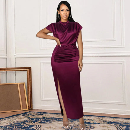 Plus Size Women Clothing High Neck Long Skirt Evening Bodycon Dress High Waist Temperament commuter Red Koji Women's Dresses