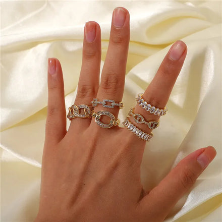 SP Trendy Wedding Ring Jewelry 18K Gold Plated Cubic Zirconia Chain Link Rings Adjustable