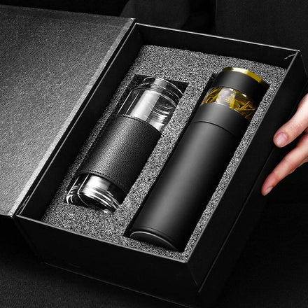 Newly LED Temperature Display Thermal Water Bottle Gift Box Set Vacuum Thermal Flask With Glass Tumbler for New Year Gift