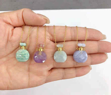 Mini Size Stainless Steel Chain Natural Amazonite Stone Vase Shape 3ml Perfume Bottle Pendant Necklace for Women Girl