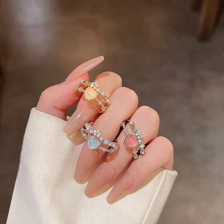 2023 Hot Sale New Arrival Colorful Flower and Heart Shape Crystal Jewelry Rings Adjustable Size Ring