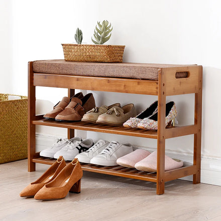 Manufacturer Custom Simple Bamboo Brown Shoe Stool with Upholstered Multi-layers Storage Shoe Changing Designed for Homes