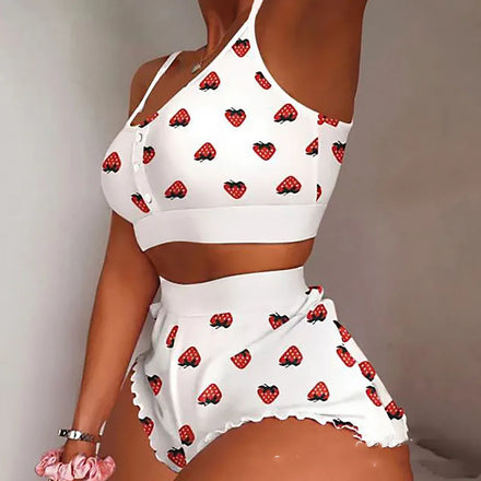 King Mcgreen Star Women's 2 Piece Strawberry Print Frill Hem Cami Pajama Set Cute Crop Top Shorts Suits Lady Sleepwear