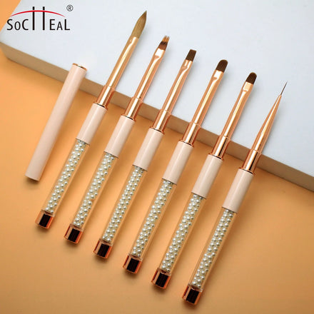 Yalixin Custom Nail Brush Pearl Pink Acrylic Handle UV Gel Nail Liner 3D Art Painting Pen Flat Nylon Hair Shape Private Label