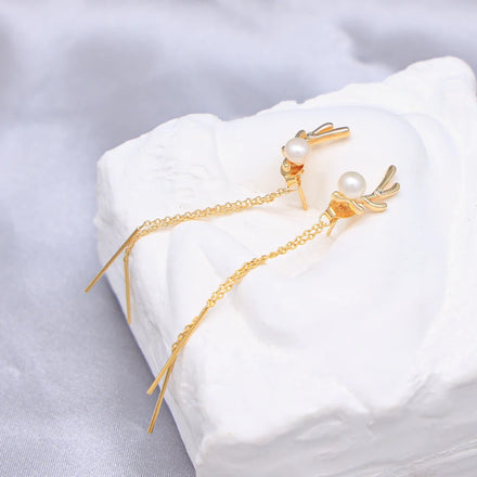 Fine Jewelry Christmas Gift 18k Gold Plated 5-6mm Freshwater Pearl Antler Tassel Stud Earrings Cute Gift Party Jewelry