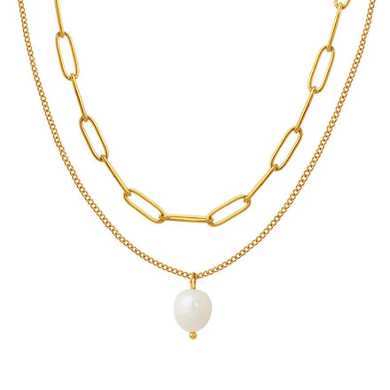 JOOLIM Ready to Ship High End 18k Gold Plated Stainless Steel Single Fresh Water Pearl Pendant Double-layer Chain Necklace