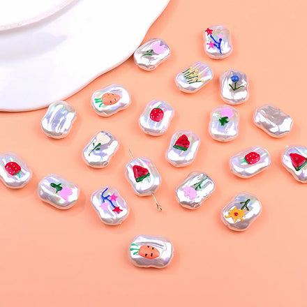 15*21mm Flower Painted Ins Style Jewelry ABS Pearl Beads Fruit Shiny Loose Imitation Baroque Pearl Beads with Holes