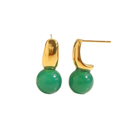 Classic Style Vintage Natural Jade Earrings for Women Hot Selling French Hook Earrings with Big Pearls Stainless Steel Jewelry