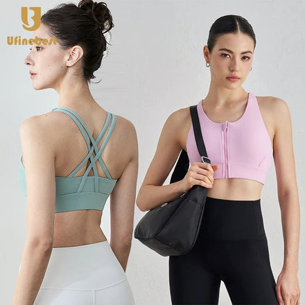 New Women Cross Back Yoga Tank Tops Skin Friendly Front Anti Slip Zipper Sports Bras
