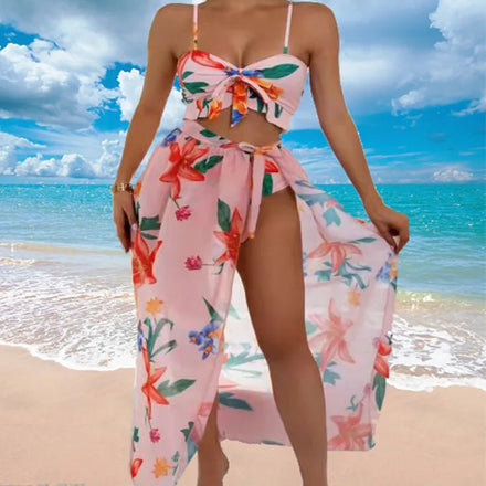 S-XL New Three Piece Set Plant Print Bikini Suit Three Piece Beach Resort Swimsuit Bikini Beachwear