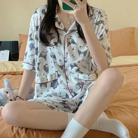 Women's Casual Cardigan Short Sleeved Pajamas Cartoon Printed Home Clothes Wholesale