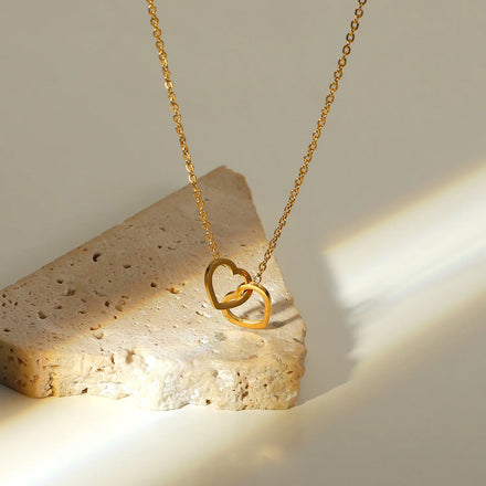 Romantic Christian Wedding Party Gifts Stainless Steel 18K Gold Plated Zircon Choker Chain Double Love Heart Ring Pendant