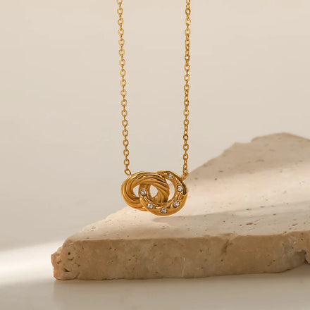 Classic Design 18K Gold Plated Stainless Steel Double Loop Circle Zircon Inlaid Pendant Necklace