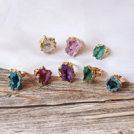 Luxury Natural Stone Wide-edge Ring Flower Crystal Agate Rough Stone Ring Adjustable Opening Ring