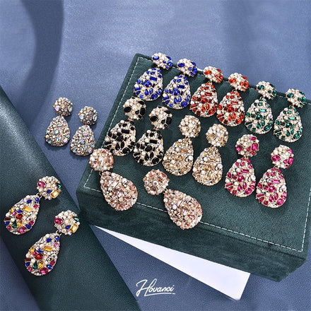 HOVANCI Large Elegant Colorful Custom Rhinestone Earrings Crystal Stud Colourful Tear Drop Glitter Earings