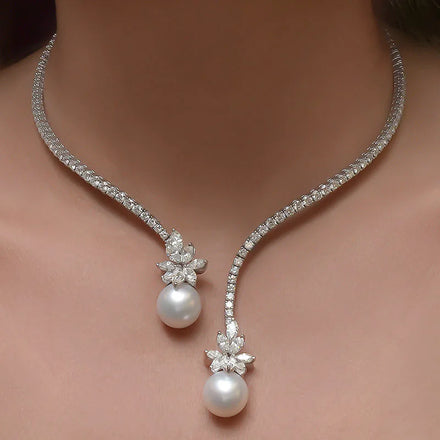 Collar De Perlas Personalized Rhinestone Pearl Choker Necklace Jewelry Party Zincon Bling Tennis Pearl Necklace for Women