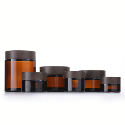 Wholesale Skincare Cosmetic Packaging 15g 30g 50g 100g Dark Black Wood Grain Lid Brown Amber Glass Cream Cosmetic Jar