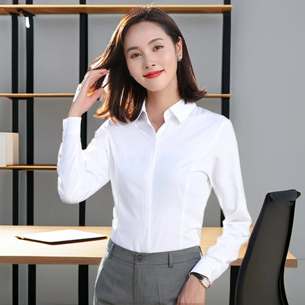 Women's Vintage Bamboo Fiber Business Shirts Formal Ladies' Elastic Long Office Lady Fashion Plain Dyed Knitted Custom Logo