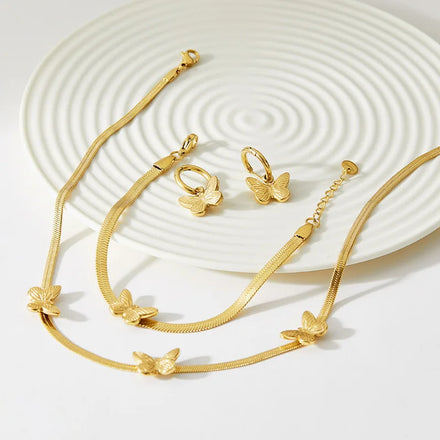 Delicate Butterfly Choker Necklace Herringbone Chain Snake Chain Bracelet Earrings Stainless Steel Jewelry Set