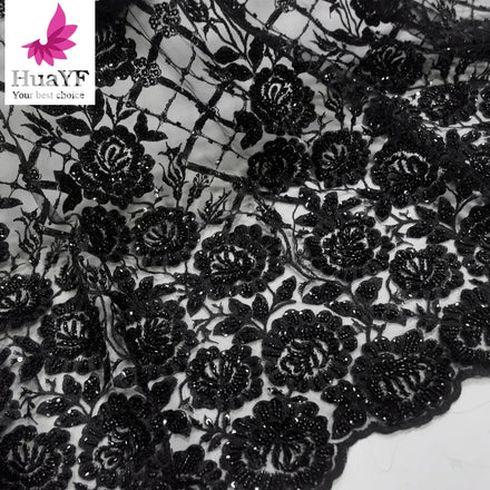 2024 Hot Black Rose Flower Mesh Fabric Lace Beaded Sequins Fabric for Gown Glamorous Dresses HY1765-6