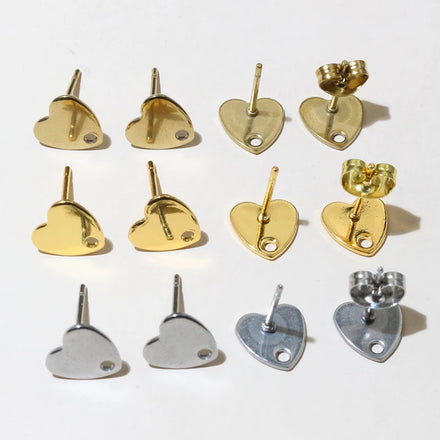 20pcs 8mm Heart Stainless Steel Gold Plated Pin Findings Stud Earring With Hole Connector for DIY Jewelry Making Supplies
