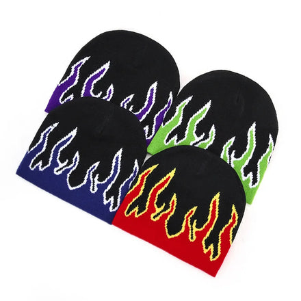 Winter Popular Custom Logo Character Travel Common Fire Flame Jacquard Cuffless Beanies Skull Cap Pullover Hat for Women Men