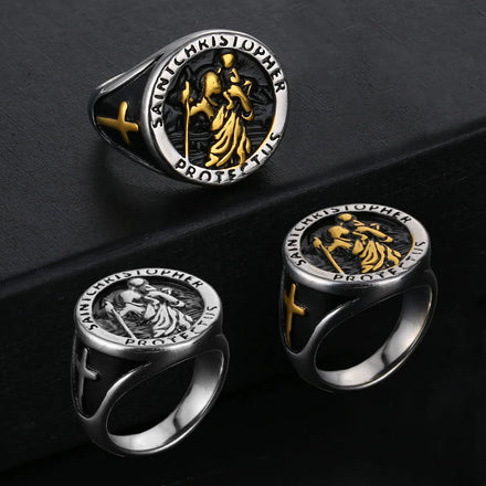 Unique Vintage Men's Rings Men Stainless Steel St. Michael Christopher Ring Travelers Saint Archangel Lucky Amulet Rings Gold