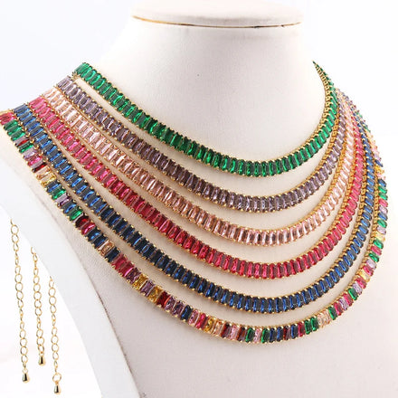 Rainbow Tennis CZ Link Chain Necklace for Women 18K Gold Plated Alloy Colorful Crystal Rhinestone Statement Choker 33+7cm Length