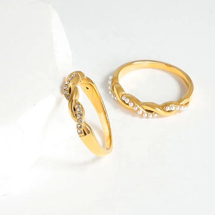 Hot Sale Fashion Jewelry S18K Gold Plated Stainless Steel Twisted Paved Full Zircon Pearl Rings for Women