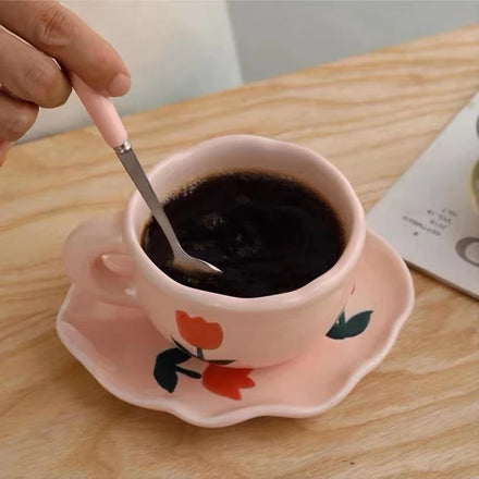 Hot Sale Handmade Blue Cloud Tulip Checkerboard Eco-Friendly Classic 200ml Ceramic Coffee Tea Cups OEM Brand Wholesale Saucers