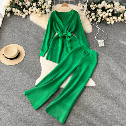 Wholesale 2026 Autumn Niche Design Lace up Waist Long Sleeve Knitted Cardigan Coat High Waist Loose Wide Leg Pants Women's Suit