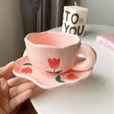 Nordic Retro Hand-Painted Purple Tulip Checkerboard Ceramic Tea Cups and Saucer Set Cute and Elegant