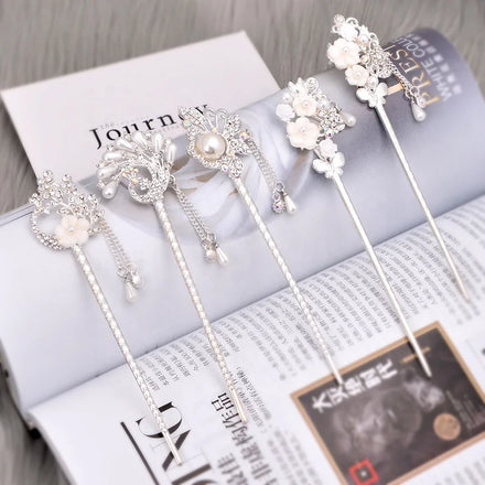 Rhinestone Pearl Hair Accessories Chinese Flower Hair Forks Long Tassels Chopsticks Chignon Pin Hairpin Chop Stick for Women