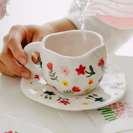 Nordic Style Handmade Ceramic Tea Cups Saucers Irregular Cute Flower Design for Breakfast Morning Milk Handcrafted Mug Saucer