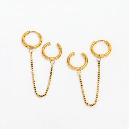 Fenny Simple Non Tarnish Tassel Chain Cuff Two Parts Huggie Earring for Women Wholesale Stainless Steel Ladies Jewelry