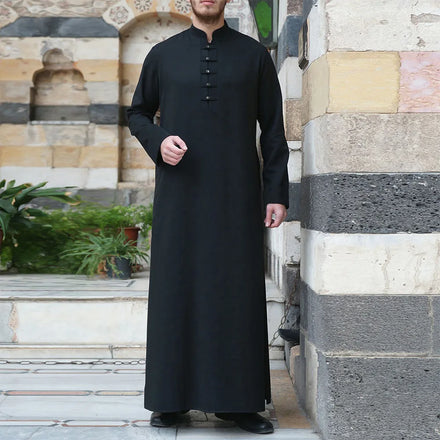 Traditional Muslim Clothing Dubai 1008 Solid Middle Eastern Arab Robe Button Simplified Large Men's Muslim Robe