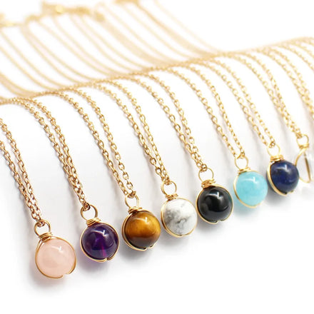 Natural Gemstone Aquamarine Healing Round Bead Wrap Pendant Charm Pendant Necklace for Women Jewelry