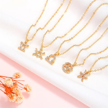 12 Zodiac Good Luck Charm Pendant Necklace 18K Gold with Sparkling 3A Zircon for Daily Wear Necklace