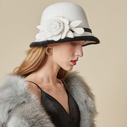 Flower Fedoras Hats for Winter Autumn Elegant British Ladies Wool Fisherman Cap Female Church Jazz Hat Luxury Party Felted Hats