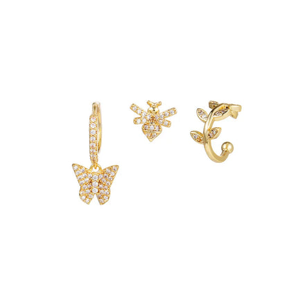Fashion Jewelry Set 3pcs/set Hypoallergenic Eco-friendly Brass Oval Cut Zircon Huggie Studs Cartilage Earrings 18K Gold Plated