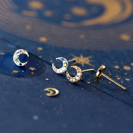 S925 Sterling Silver Mini Colorful CZ Cubic Zircon Moon Stud Earrings for Ear Wedding Jewelry