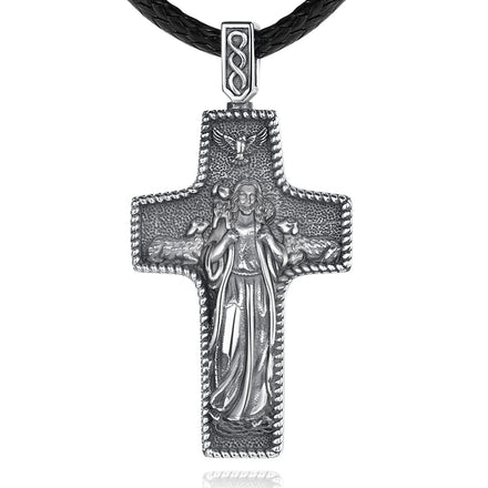 High Quality Embossed Design 925 Sterling Silver Mens Jewelry Good Shepherd Christian Jesus Cross Pendant Necklace