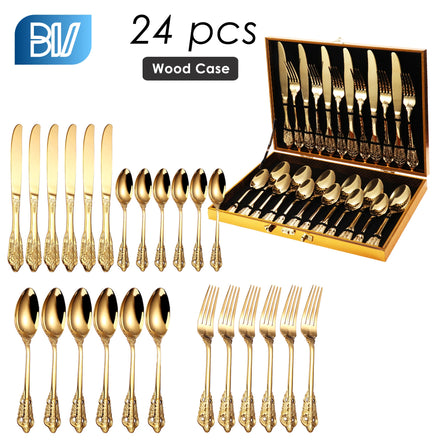 Luxury Royal Wedding Mirror Polish 18/10 Stainless Steel Tableware 24 Pieces Gold Flatware Sets