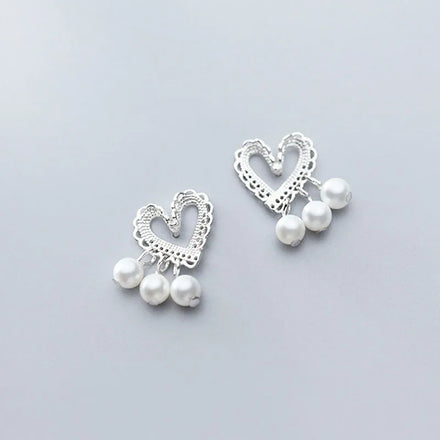 Creative Pure Sterling Silver 925 Woven Lace Heart Stud Earring Tarnish Free S925 Silver Hollow Heart Pearl Drop Earring