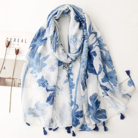 Newest Summer Women Swimming Wraps Oversized Printed Shawl Scarves Blue White Flower Printed Soft Cotton Voile Beach Cover Scarf